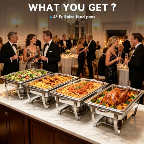 9QT Chafing Dishes for Buffet 4 Pack with 4 Full-Size Pans Silver - color: Silver-002