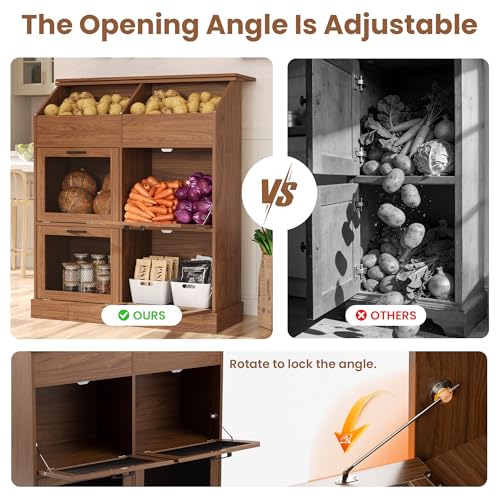 COSIEST Oversized Potato Storage Bin, 47'' High Wooden Bread Box with Adjustable Door Hinge, Farmhouse Potato and Onion Storage Bin with 4 Mesh Doors, Kitchen Fruit and Vegetable Storage Cabinet