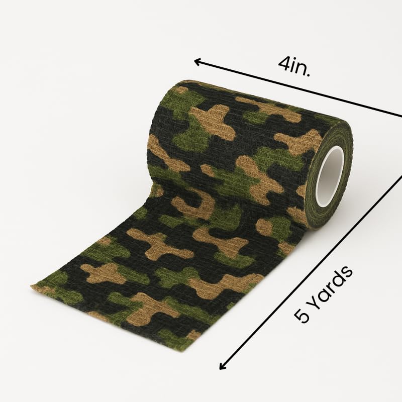 4" Cohesive Flexible Bandage Wrap – Jungle Camo - Pack of 4 | Self-Adherent Vet Tape for Animal Wound Care, Wrapping, and Support – Non-Slip, Breathable, Flexible Bandage for Livestock - color: Jungle Camo