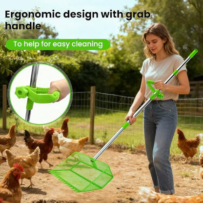 2026 Upgraded 2-in-1 Chicken Poop Scooper & Rake with Handle, 12inch Heavy-Duty Metal Chicken Coop Scoop for Sand Sifting Shovel Litter Scooper for Farm House Chicken Coop Cleaning Tools Accessories - color: Green