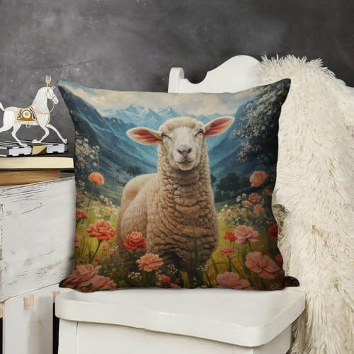 Sheep Among The Flowers Throw Pillow Covers 20"x20" - size: 20" x 20" (Pack of 1)