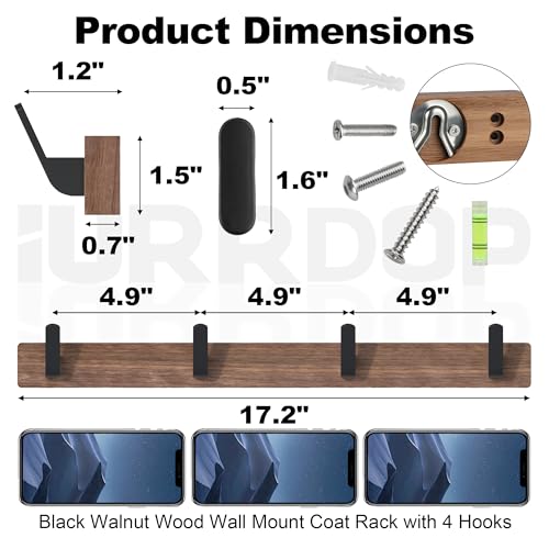 17 Inch Walnut Wood Wall Mounted Coat Rack with 4 Black Hooks, Adhesive Mounted Entryway Hooks, Modern Natural Wooden Pegs for Hanging Coat Clothes Hat Bag Purse Key and Towel - color: Coat Rack with 4 Hooks