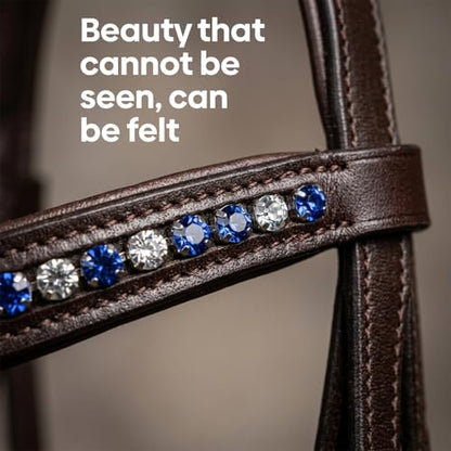 Equine Care English Horse Bridle with Reins, Padded, 6 Browband Styles | Hunter show bridles: classic fancy stitched or crystal browbands; padded crown, harness leather; bit not included - color: Havana Brown with Blue & Clear