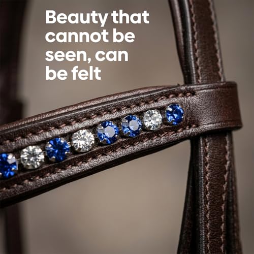 Equine Care English Horse Bridle with Reins, Padded, 6 Browband Styles - color: Havana Brown with Blue & Clear