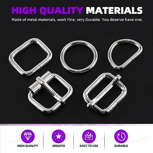 Swpeet 5 Style Metal Buckles - Adjustable Slide, D Ring, Circular Ring - color: Silver, size: 1 Inch