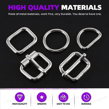 Swpeet 5 Style Metal Buckles - Adjustable Slide, D Ring, Circular Ring - color: Silver, size: 1 Inch