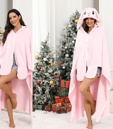 Wearable Blanket Hoodie Animal Fuzzy Blanket Warm Cozy Blanket Hoodie - color: Pink Bunny