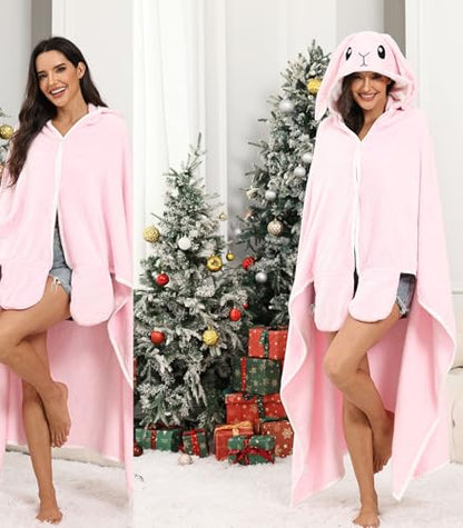 Wearable Blanket Hoodie Animal Fuzzy Blanket Warm Cozy Blanket Hoodie - color: Pink Bunny
