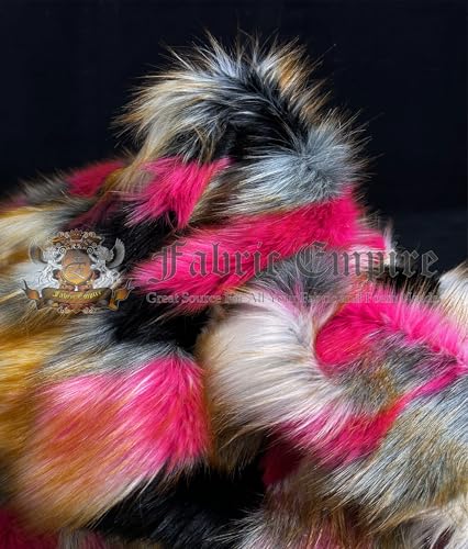 Faux Fur Fabric Long Pile Tribal Patchwork 58" W/Sold by Continuous Yard/Multicolor Fashion Fur Soft Sewing Blend Plush Craft Costume Paws Animal Fur Suit Fursonas Cosplay Coats (Pink White Black) - color: Multi-color (Pink White Black)