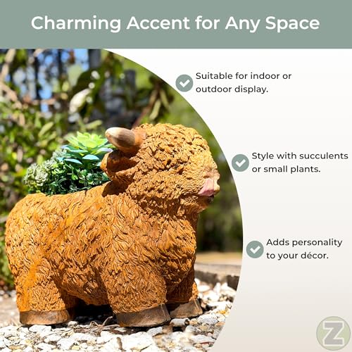 Zeckos Highland Cow Animal Planter, 15 Inch Long Light Brown Textured Fur | Painted Magnesium Oxide, Freestanding Farmhouse Accent, Drain Hole, 6.5 X 5.25 Inch Opening, 10 Inch Deep - color: Cow - Light Brown