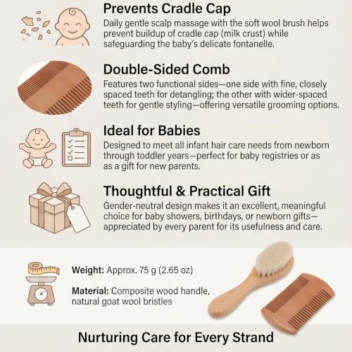 Baby Hair Brush Set, Natural Goat Hair Bristles Gentle on Scalp, Double Sided Comb, Newborn Scalp Massage Tool, Soft and Non-Irritating for Sensitive Skin, for Newborns Toddlers Ba