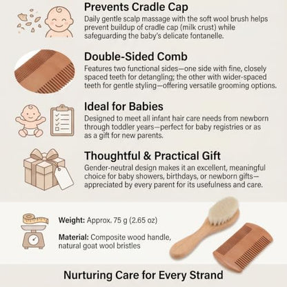Baby Hair Brush Set, Natural Goat Hair Bristles Gentle on Scalp, Double Sided Comb, Newborn Scalp Massage Tool, Soft and Non-Irritating for Sensitive Skin, for Newborns Toddlers Ba