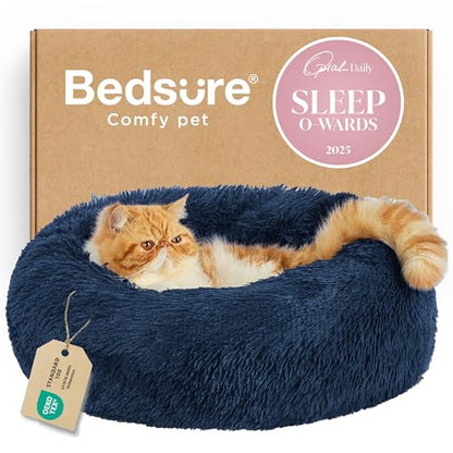 Bedsure Calming Cat Beds Donut Round Washable Kitten Bed,20 inches Navy | Fluffy Faux Fur Cuddler,Machine Washable,Anti-Slip Bottom,Anti-Anxiety,Deep Sleeping for Cats&Small Pets Up to 15 Lbs - color: Navy, size: 20"L x 20"W x 6"Th