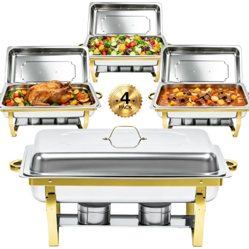 9QT Chafing Dishes for Buffet 4 Pack with 4 Full-Size Pans, Gold - color: Full Golden