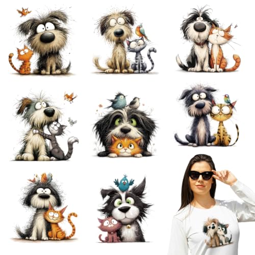 arricraft 9 Sheets Cartoon Animal Theme Iron on Stickers, Cartoon Cat Dog Birds Pattern Print Transfer Stickers Decals for DIY T-Shirt Jeans Backpacks Families Clothing Hat Decoration Applique - style: Cartoon Cat Dog Birds Theme