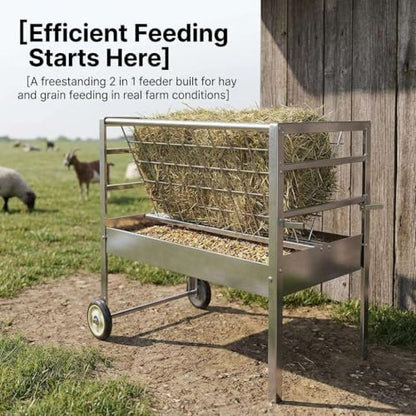 for Goats Sheep and Lambs Livestock Feeder, 2 in 1 Hay and Grain Freestanding Unit, Galvanized Steel Farm Feeder for Barn Pasture, Multi-Species Feeding Station