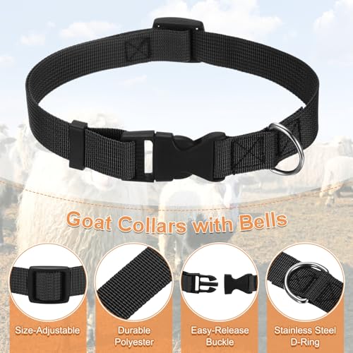 Generic 6-Pack Goat Collars with Bells, 13.8"-20.5" Polyester Adjustable Pet Collar with Anti-Lost Grazing Copper Bell for Small Farm Animal/Sheep/Cow/Goat [Black]