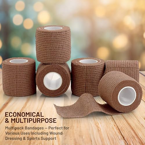 6 Pack, Self Adherent Cohesive Tape - 2" x 5 Yards, (Medium Tan Shade) Self Adhesive Bandage Rolls & Sports Athletic Wrap for Ankle, Wrist, Knee Sprains and Swelling