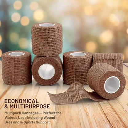 6 Pack, Self Adherent Cohesive Tape - 2" x 5 Yards, (Medium Tan Shade) Self Adhesive Bandage Rolls & Sports Athletic Wrap for Ankle, Wrist, Knee Sprains and Swelling