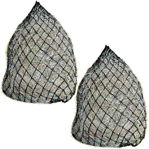 Set of 2 42" Soft Mesh Hay Nets with 2" Holes, Fits 4-6 Flakes of Hay, Includes Steel Snaps for Easy Hanging (42", Black) - color: Black