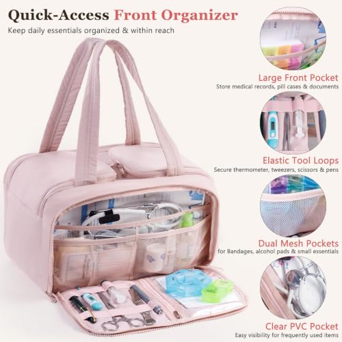 Travel Medicine Storage Bag with 2 Compartments, Wide-Mouth Medical Organizer, Puffy Lightweight First Aid Bag for Prescription Bottles, Pill Cases, Medical Supplies & Family Emergency Essentials - color: Pink