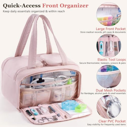 Travel Medicine Storage Bag with 2 Compartments, Wide-Mouth Medical Organizer, Puffy Lightweight First Aid Bag for Prescription Bottles, Pill Cases, Medical Supplies & Family Emergency Essentials - color: Pink