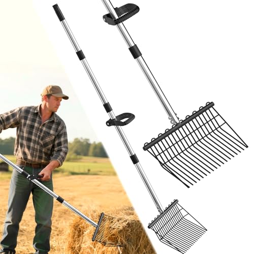 Pitch Forks for Garden with 18 Tines, 53" Non-Slip Adjustable Steel Handle, Durable Broadfork for Turning Hay, Gardening Pitchfork with Universal Extension Handle Attachment for Licorice