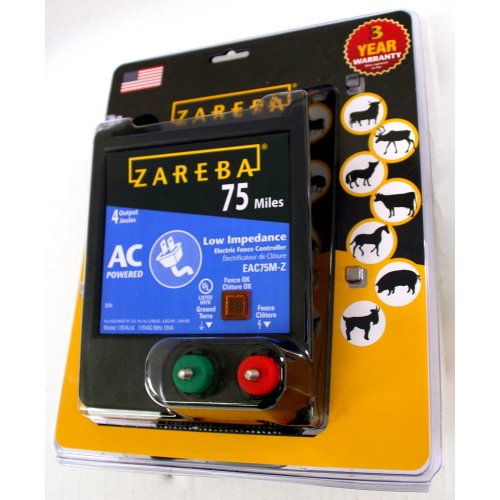 Zareba 75 Mile AC Powered Low Impedance Electric Fence Charger - Plug In Electric Fence Charger - Contain Bulls, Cattle, Pigs, Exotics, Horses & More - Keep Predators Out - EAC75M-Z - size: 1-(Pack)