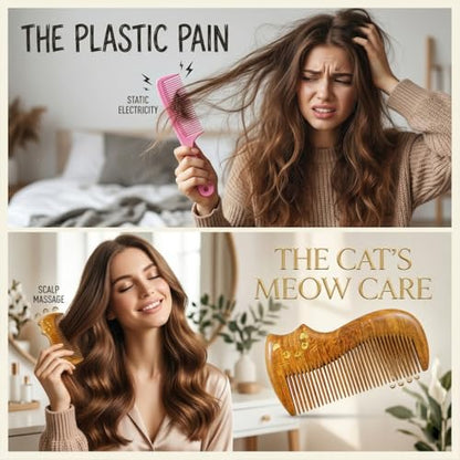 Cute Cat Natural Sandalwood Hair Comb, Gilded Wooden Hair Comb