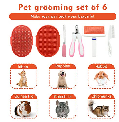Cat Grooming Kit Set with Pet Shedding Slicker Brush Nail Clipper Trimmer Pet Massage Bath Glove Flea Comb for Bunny Puppy Kitten Guinea Pig Chinchilla Ferret Small Animals (Red, Pink) - color: Red, Pink