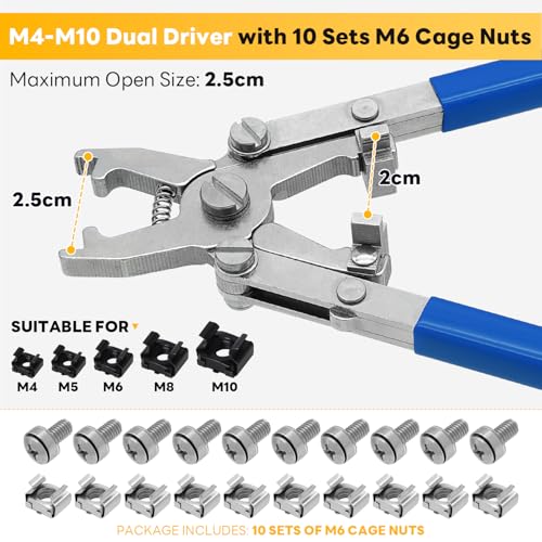 Rotable Dual Head Cage Nut Tool Kit with 10 Sets M6 Silver Rack Mount Screws - Screw Install and Remove Tool for M4 M5 M6 M8 M10 - Screw Tool Kit for Server Rack, Network Cabinet, Data Center(Blue) - color: 10 Pack Cage Nuts+Blue Handle Tool