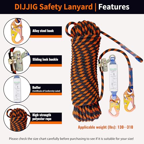 Rope Harness Safety Lanyard 50ft Vertical Roofing Rope With Grab Snap Hooks - size: 50ft