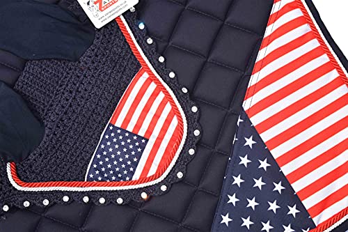 USA Flag Horse Saddle Pad Set with Matching Fly Bonnet – All Purpose English Saddle Pad, Patriotic Horse Gear, 4th of July Equestrian Outfit, Jumping & Training Tack - size: COB