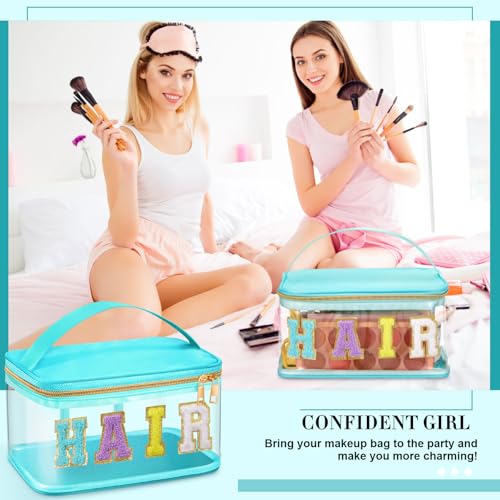 Geetery Chenille Clear Makeup Bag, Green Hair Bag Cosmetic Case Nylon Makeup Portable Preppy Patch with Handle Zipper Toiletry Storage Case Waterproof Pink Hair Patch for Women - color: Green, style: Hair