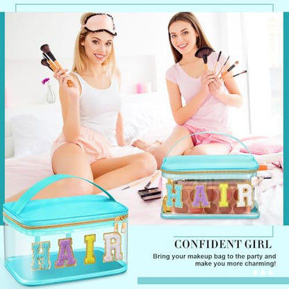 Geetery Chenille Clear Makeup Bag, Green Hair Bag Cosmetic Case Nylon Makeup Portable Preppy Patch with Handle Zipper Toiletry Storage Case Waterproof Pink Hair Patch for Women - color: Green, style: Hair