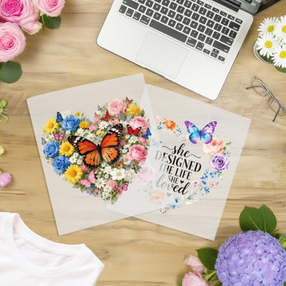 arricraft 9 Sheets Heart Plant Iron on Stickers, Butterflies Heart Flowers Pattern Print Transfer Stickers Decals for DIY T-Shirt Jeans Backpacks Families Clothing Hat Decoration Applique - style: Butterflies Heart Flowers Theme