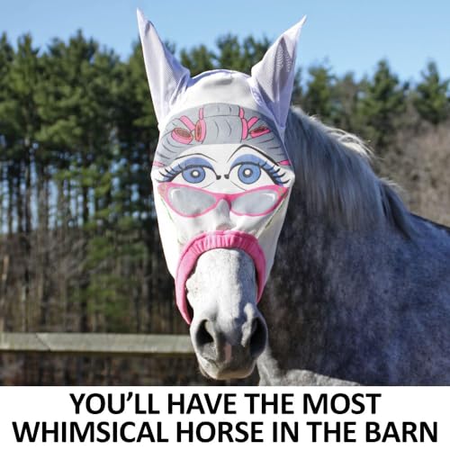 Schneiders Dura-Mesh Designer Fly Horse Masks | Fun Patterns & 70% UV Protection | Durable 1000D Mesh with Ear Coverage & Fleece Comfort - color: Pink, style: Granny