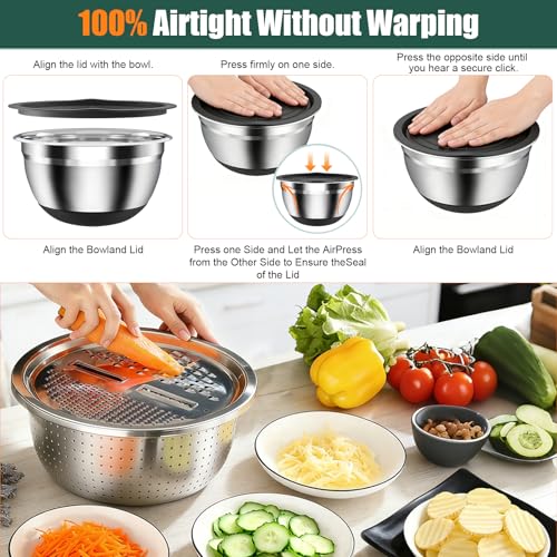 Stainless Steel Mixing Bowls Set with Lids & Silicone Base,7‑Piece Set - color: Black