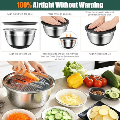 Stainless Steel Mixing Bowls Set with Lids & Silicone Base,7‑Piece Set - color: Black