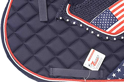 USA Flag Horse Saddle Pad Set with Matching Fly Bonnet – All Purpose English Saddle Pad, Patriotic Horse Gear, 4th of July Equestrian Outfit, Jumping & Training Tack - size: Horse/Full