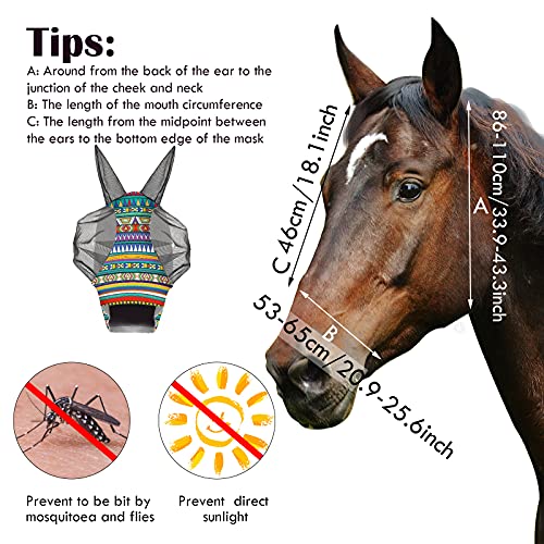 Frienda 3 Pieces Horse Fly Mask with Ears Adjustable UV Protection Breathability Horses Fly Masks Elasticity Smooth Comfortable Equine Face Covering(L) - size: L