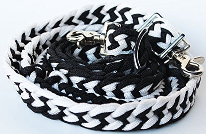 CHALLENGER Roping Knotted Horse Tack Western Barrel Reins Rein Nylon Braided 8 Ft. Black WH 60703 - color: Black White