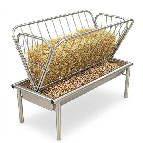 Heavy Duty Hay Rack and Grain Pan, 2 in 1 Livestock Feeder, Freestanding Farm Feeder. for Barn and Pen Feeding, Durable Galvanized Steel for Goats Sheep Calves