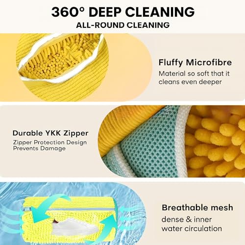 Shoe Washing Bag for Laundry Machine – Heavy-Duty Sneaker Laundry Bag Protector with Thick Microfiber Cushion, Zipper Cover & Mesh Sides – Shoe Cleaner Bag for Washer & Dryer (Yellow) - color: Yellow