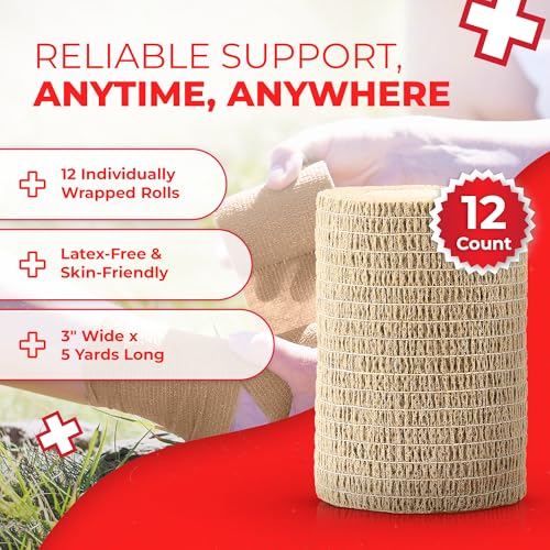 Ever Ready First Aid Self Adherent Cohesive Bandages 3" x 5 Yards - 12 Count, Tan