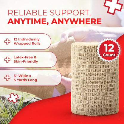 Ever Ready First Aid Self Adherent Cohesive Bandages 3" x 5 Yards - 12 Count, Tan
