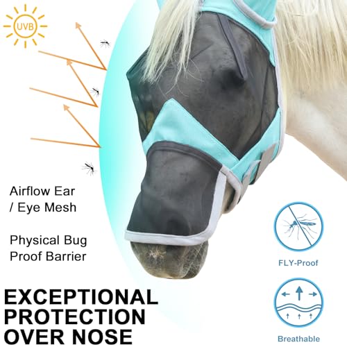 Horse Fly Mask with Ears & Long Nose, Fine Mesh Turquoise Pony - color: Turquoise, size: Pony