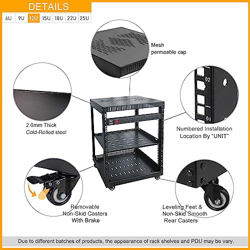 RIVECO 12U Network Rack with Reinforced Top Cover - 4 Post Floor Rack on Wheels for 19" Equipment & Stereo Gear- Including Rack Mount Power Strip & 1PCS 1U Rack Shelf - size: 12U