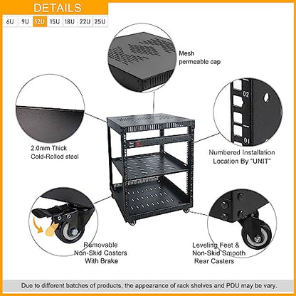 RIVECO 12U Network Rack with Reinforced Top Cover - 4 Post Floor Rack on Wheels for 19" Equipment & Stereo Gear- Including Rack Mount Power Strip & 1PCS 1U Rack Shelf - size: 12U