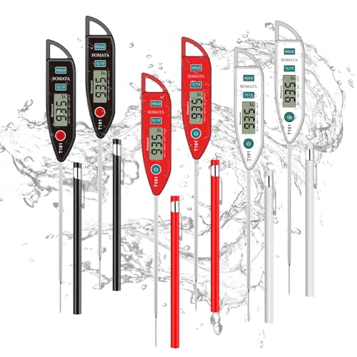 BOMATA 6 Pack Waterproof IPX7 Meat Thermometer, Food Thermometer | Instant Read, Long Probe for Water, Liquid, Kitchen Cooking, Grill,BBQ ! T101 X 6 Pcs (Black & Red & White)… - color: Black,Red,White